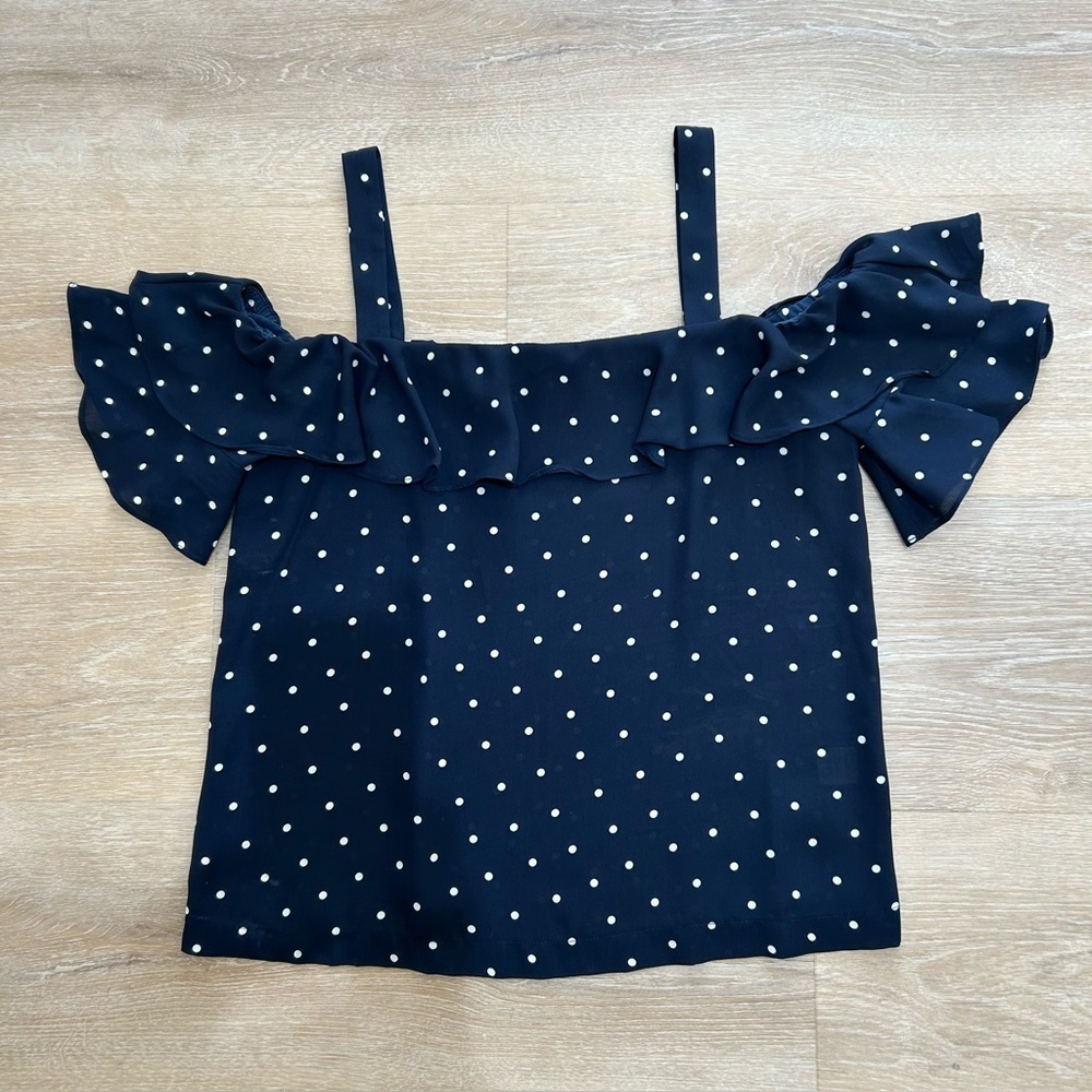 J. Crew Navy White Polka Dot Ruffled Cold Shoulder Spaghetti Strap Top Size 6